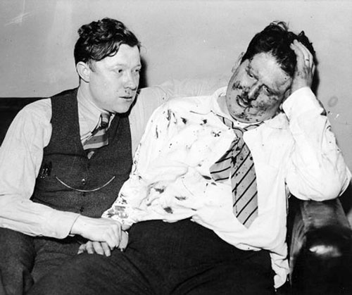 alter Reuther and a bloodied Richard Frankensteen regroup after the beatings. "The very most we anticipated," Frankensteen later recalled, "was that Harry Bennett might order the firehoses turned on us. But we miscalculated." (Scotty Kilpatrick / The Detroit News)