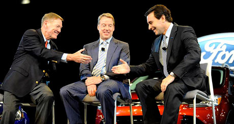 Ford Motor CEO Alan Mulally, left, Ford Executive Chairman Bill Ford Jr. and COO Mark Fields speak to the media during a press conference, announcing that Mulally will retire July 1 and Fields will take the helm, at Ford Motor Company World Headquarters in Dearborn, May 1, 2014. (David Coates/The Detroit News)