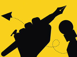 A silhouette of a hand holding a pen and hand holding a microphone with a silhouette of barbed wire fence at the bottom. 