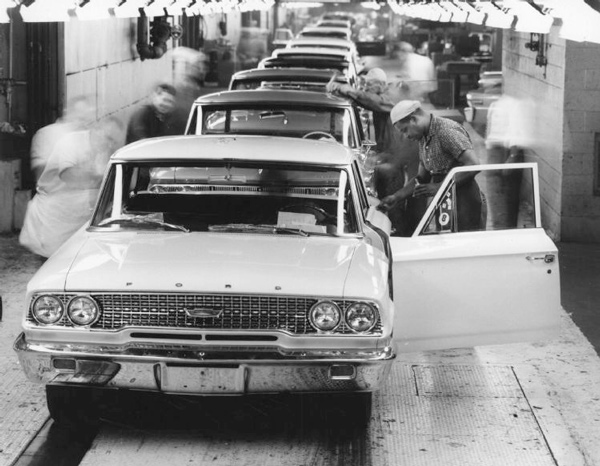 On the line at Ford Motor Co.'s Wayne assembly plant, on Nov. 25, 1962.