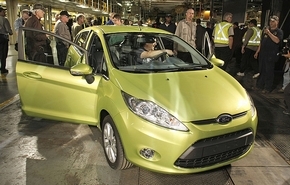 Some observers say Ford has a head start on its Detroit 3 rivals on shifting attention to small cars, like the Fiesta subcompact. (Bill Pugliano / Getty Images)