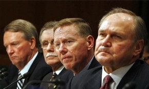 Former GM CEO Rick Wagoner, from left, UAW President Ron Gettelfinger, Ford CEO Alan Mulally and former Chrysler CEO Robert Nardelli at the 2008 hearings. 