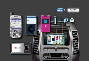 These are some of the devices that can function inside Ford vehicles equipped with Sync. Drivers can operate mobile phones or digital media players using voice commands or the vehicle's steering wheel or radio controls. (Ford Motor Co.)