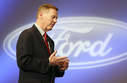 Ford Motor Company president and CEO Alan Mulally speaks at the New York International Auto Show on April 4, 2007.