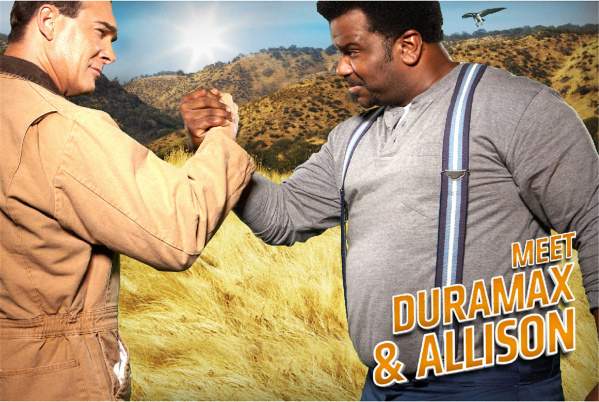The “Max and Al” Chevrolet Silverado HD campaign offers Patrick War- burton as Duramax diesel and Craig Robinson as Allison transmission. (General Motors)
