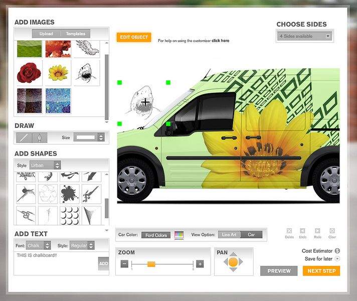 Business owners can use the 'Create Your Own' section of the Transit Connect Web site to design their own wrap for the van.
