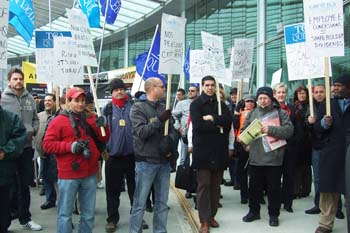 More than 100 Air Canada workers rallied outside the airport in Montreal on April 21 calling for a fair contract. Negotiations have been on going since February.