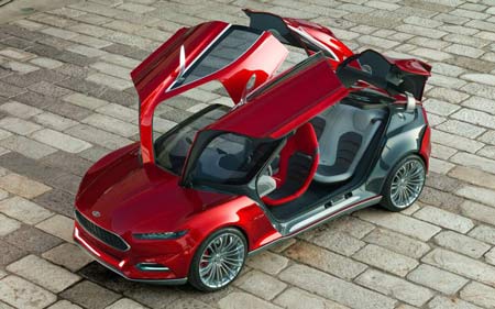 The gullwing doors won’t be offered, but the Ford Evos Concept shows off the brand’s new image. (Ford)