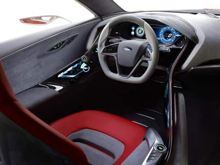 The inside of the Ford Evos Concept, to be unveiled at the Frankfurt auto show, features a red driver’s seat that monitors stress levels. 