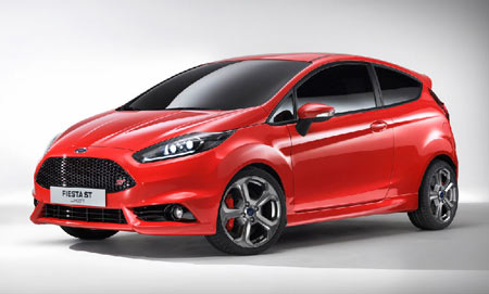 Ford Motor Co. introduced the Fiesta ST as a production-ready model at the 2012 Geneva Motor Show and will introduce it in Europe in 2013. On Nov. 19, 2012, the automaker announced that for 2014, it will introduce its award-winning 1-liter, three-cylinder EcoBoost engine in the Fiesta for the U.S. market. (Ford Motor Co.)