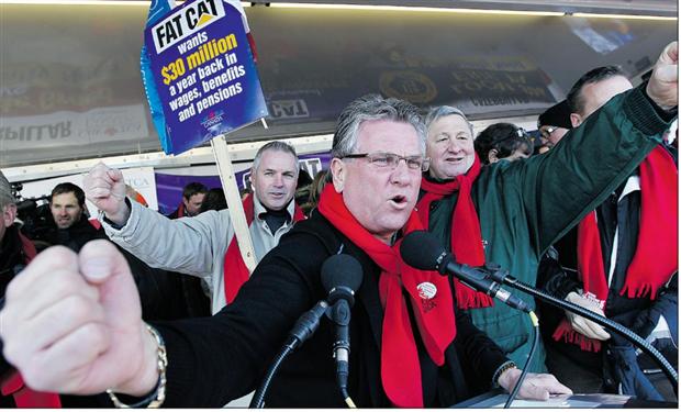 CAW president Ken Lewenza brings his message of fighting corporate greed to thousands of protesters during a rally in London to support 400 locked-out Electro-Motive Canada workers Saturday.
