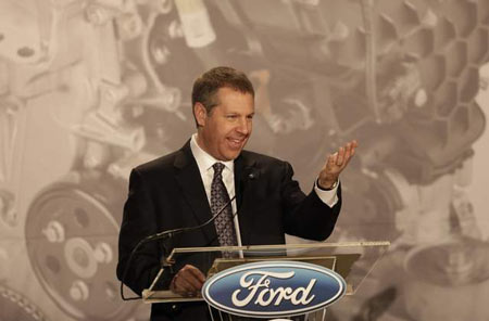 Ford President of the Americas Joe Hinrichs announces plans to build the 2-liter EcoBoost engine at Ford’s Brook Part plant near Cleveland. (Tony Dejak / Associated Press)