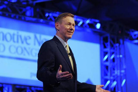 Alan Mulally, president and CEO of Ford, addresses Automotive News World Congress at the Marriott at the RenCen in Detroit on Tuesday, Jan. 15, 2013. (Elizabeth Conley/Detroit News)