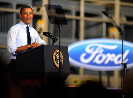 President Barack Obama speaks to workers as he visits the Ford Kansas City Stamping Plant in Liberty, Missouri. Obama toured the facility and spoke to employees. (Jamie Squire / Getty Images)