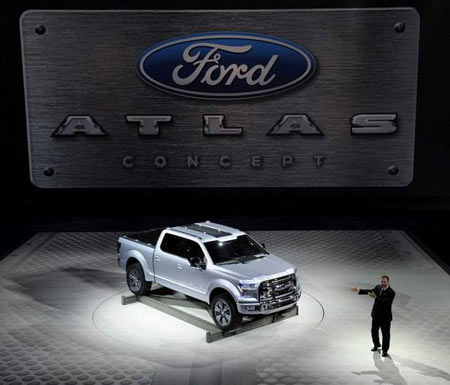 The Ford F-150 concept truck, known as the Atlas, debuted in January during the North American International Auto Show in Detroit. The Atlas has a tailgate step that also serves as a cargo cradle. (David Coates The Detroit News)