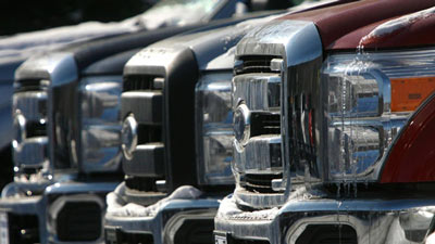 A lineup of Ford F-250 trucks is seen at Formula Ford on Friday, Jan. 28, 2011 in Montpelier, Vt. (AP / Toby Talbot)