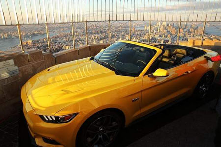 A 2015 Mustang convertible sits on the observation deck of the Empire State Building in honor of the ponycar's 50th anniversary. (Spencer Platt / Getty Images)