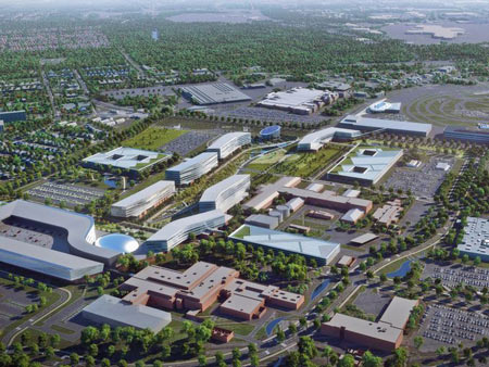 An aerial shot of what Ford's new product campus could look like. The campus would include a new 700,000 square-foot Design Center (lower left corner) that will include studios and an outdoor design courtyard. The long-term project will include demolishing certain facilities and updating existing ones.  Ford Motor Company