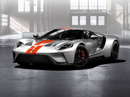 Ford has begun to take orders for its GT supercar, which will be priced in the mid-$400,000s. Above: A GT in Ingot Silver, with a Competition Orange stripe.  Ford Motor Co.