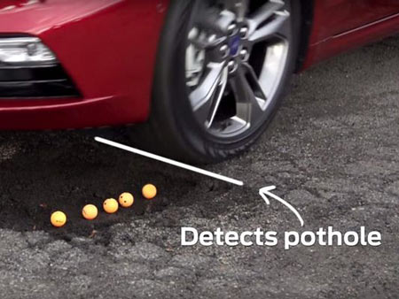 Ford demonstrated the pothole-softening technology in a test video with the assistance of ping pong balls.