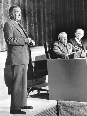 Henry Ford II resigns from Ford Motor Company on March 13, 1980. With him are CEO Phillip Caldwell, who succeeded Ford as chairman of the board, and at right, Don Petersen, a future Ford CEO.  The Detroit News archives