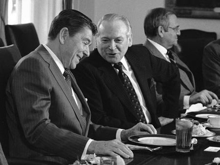 Phillip Caldwell, 1979-1985. Having taken over the presidency from Iacocca in 1978, Caldwell succeeded Henry Ford II as chairman and CEO in 1981. He's seen here meeting with President Ronald Reagan at a White House meeting with auto executives. He retired in 1985.  Dennis Cook, Associated Press