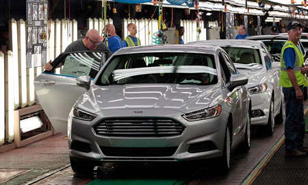 A 2014 Fusion on the production line at Ford's Flat Rock Assembly Plant in Flat Rock, Mich., on Aug. 29, 2013. Photo credit: BLOOMBERG 