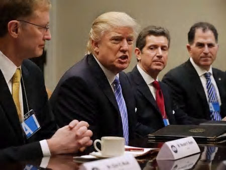 President Donald Trump delivers opening remarks during a meeting with (L-R) Wendell Weeks of Corning, Alex Gorsky of Johnson & Johnson, Michael Dell of Dell Technologies and other business leaders and administraiton staff in the Roosevelt Room at the White House on Monday.(Photo: Chip Somodevilla / Getty Images