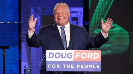 Ontario PC Leader Doug Ford reacts in Toronto after winning the Ontario provincial election to become the premier-designate on Thursday. (Nathan Denette/Canadian Press)