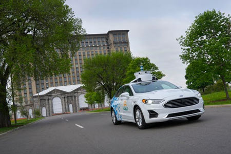 The new Ford Fusion Hybrid is a third-generation test vehicle that Argo AI is now deploying in collaboration with Ford in all five major cities of operation: Pittsburgh, Palo Alto, Miami, Washington and Detroit. (Photo: Ford)