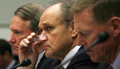 General Motors CEO Richard Wagoner, Chrysler chair and CEO Robert Nardelli and Ford president and CEO Alan Mulally testify at a hearing held by the House Financial Services Committee, Nov. 19, 2008. 