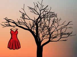 Illustrated image of a red dress hanging on a hanger from a bare tree on a blurred sunset background. The text reads No More Stolen Sisters.
