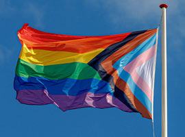 A rainbow pride flag fluttering against a clear blue sky.
